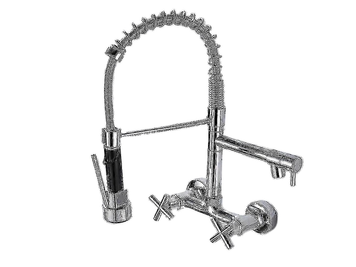 Torneira De Cozinha Montada Na Parede Com 2 Alças, Acabamento Cromado E Preto, Corpo Em Latão, Válvula Cerâmica, Bico Giratório Para Pia Moderna