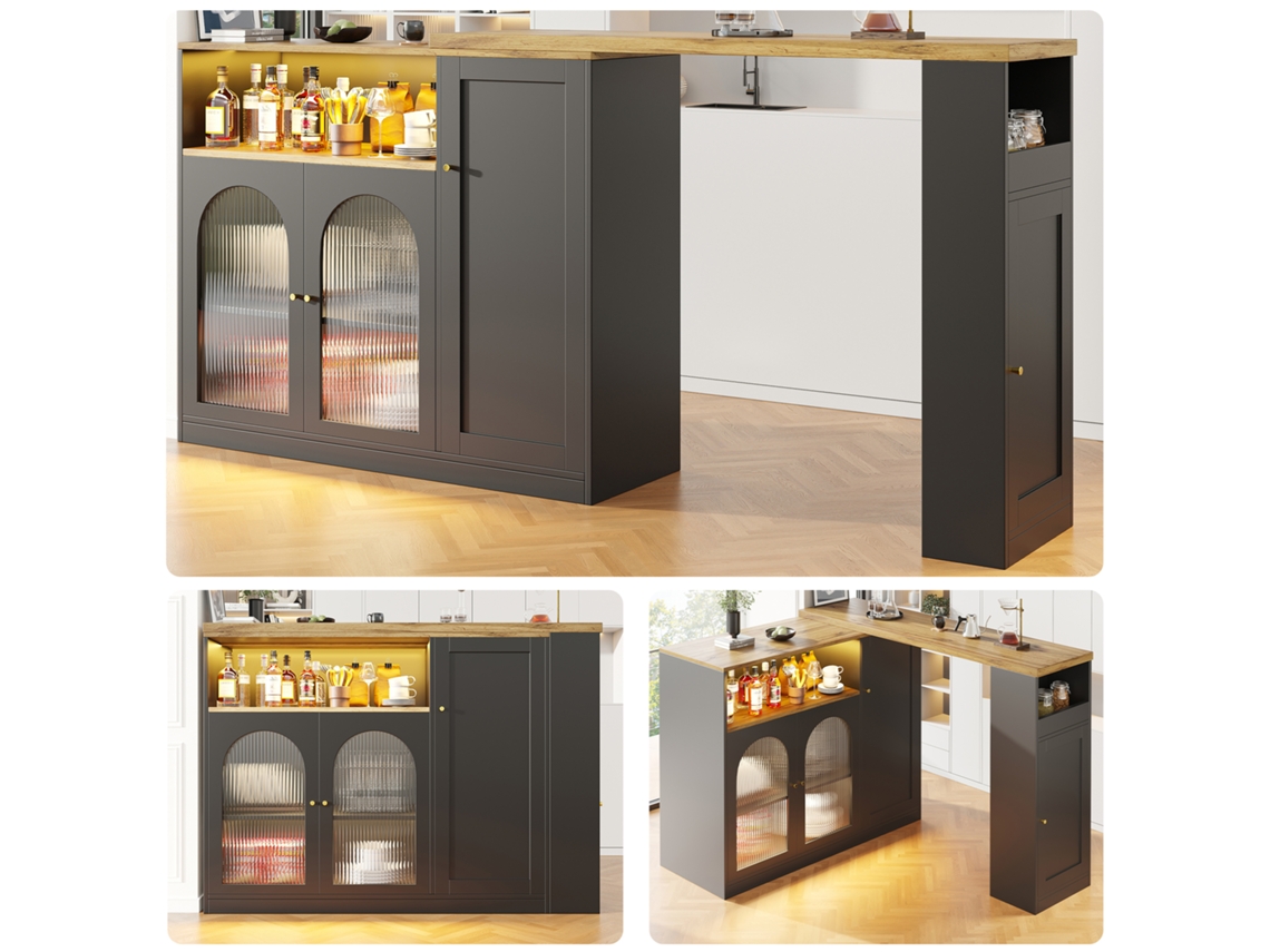 Mesa Bar Giratória 360° Preta 198x39,6x97cm, Porta Vidro, Led, Aparador, Armário Vinhos. Cs