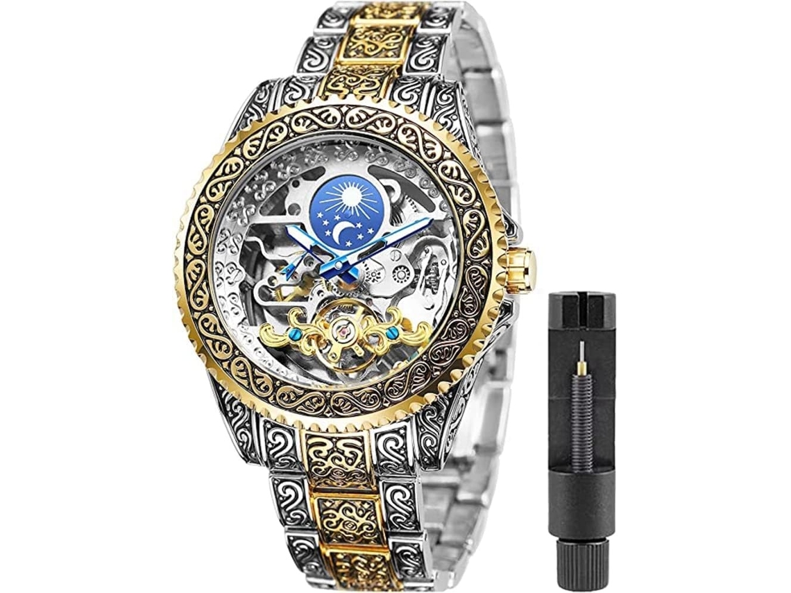Lurelia Relógio Mecânico Masculino, Automático, Luminoso, Duplo Fuso/mostrador, Mostrador Esqueleto, Turbilhão, Fase Da Lua, Aço Inoxidável, Dourado