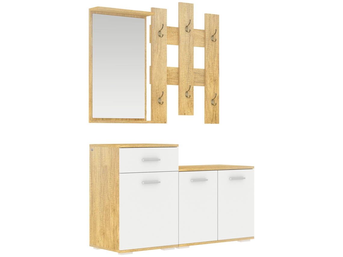 Conjunto De Corredor 3 Em 1 Com Cabide De Parede, Espelho E Sapateiro Com Banco, Madeira E Branco.