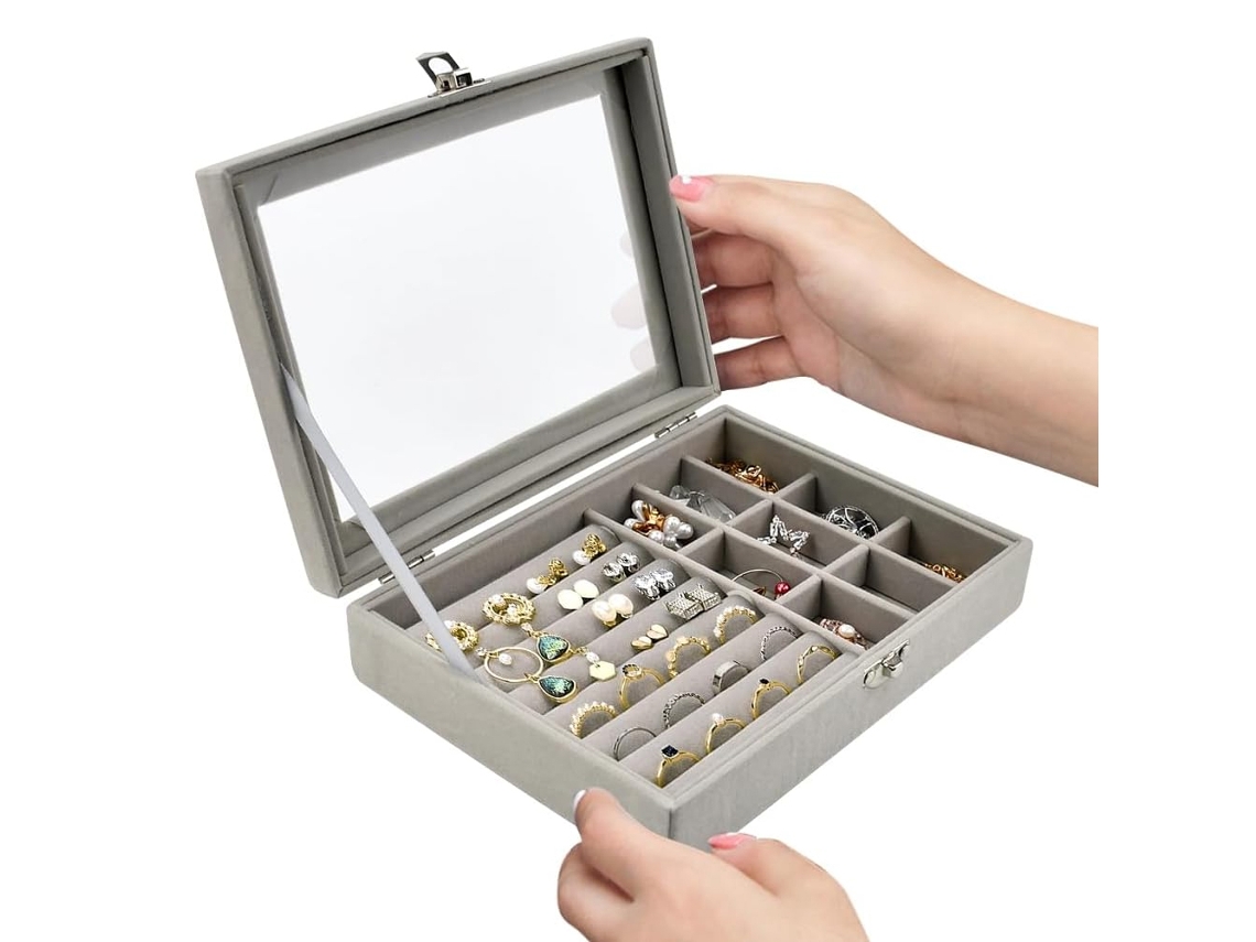 Caixa De Joias Em Veludo Cinza Com 9 Compartimentos Para Anéis.