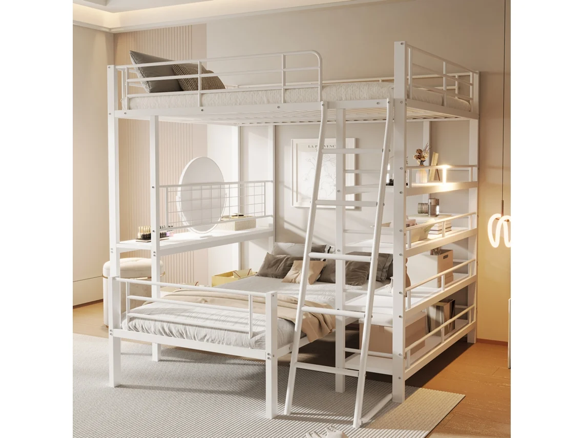 Cama Beliche, Estrutura Metálica, Cama Alta, 140*200, Cama Multifuncional Com Múltiplos Compartimentos De Armazenamento, Branca-op
