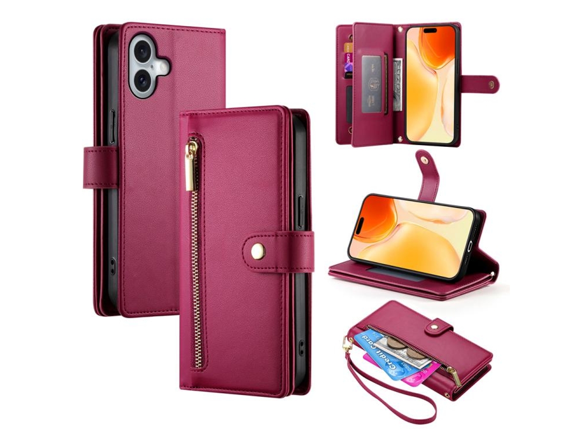 Capa Para Iphone 17 Em Couro Com Nove Compartimentos Para Cartões E Zíper.