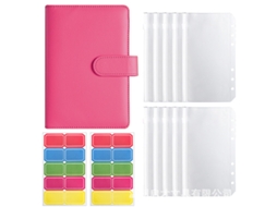 A6 Pu Leather Ring Binder Budget Planner, Rose Red With 10-zipper Pockets 2-sheets Of 5-color 10-grid Labels 20-small