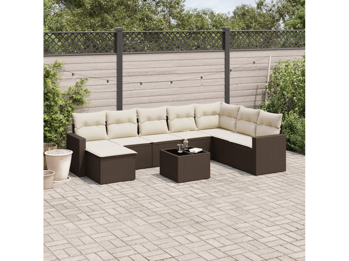 Vidaxl 9 Pcs Conjunto Sofás P/ Jardim C/ Almofadões Vime Pe Castanho