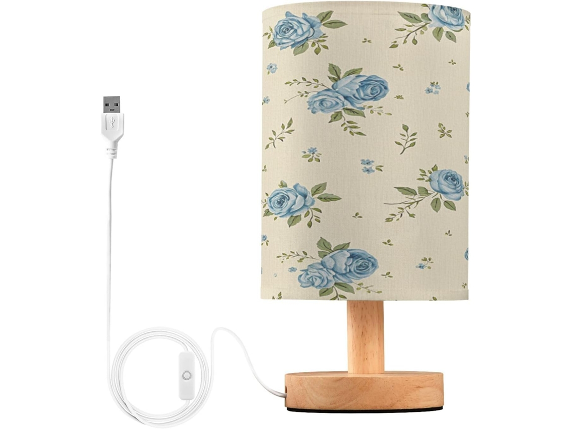 Abajur De Cabeceira Led Em Formato Flor Azul Para Quarto, Luminária De Leitura Com Portas Usb E Cúpula Tecido Para Sala