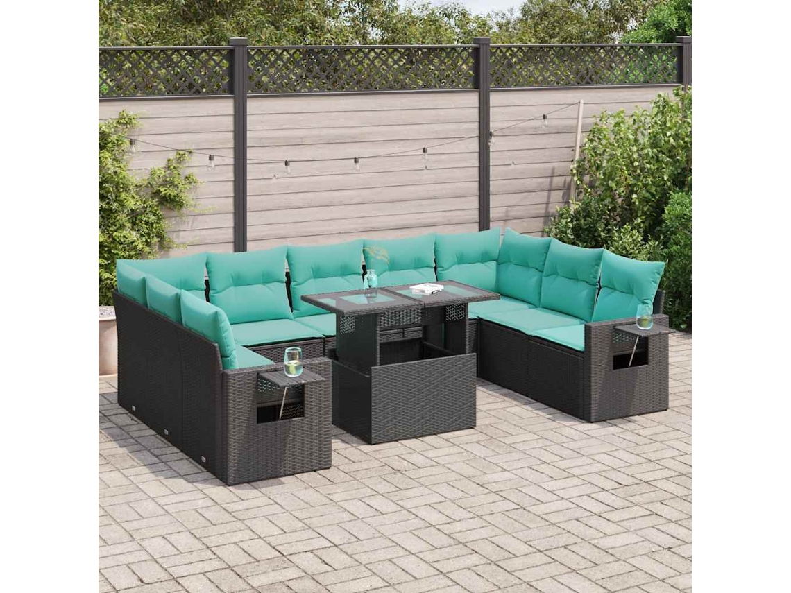 Vidaxl 10 Pcs Conjunto Sofás Jardim C/ Almofadões Vime Pe/acácia Preto