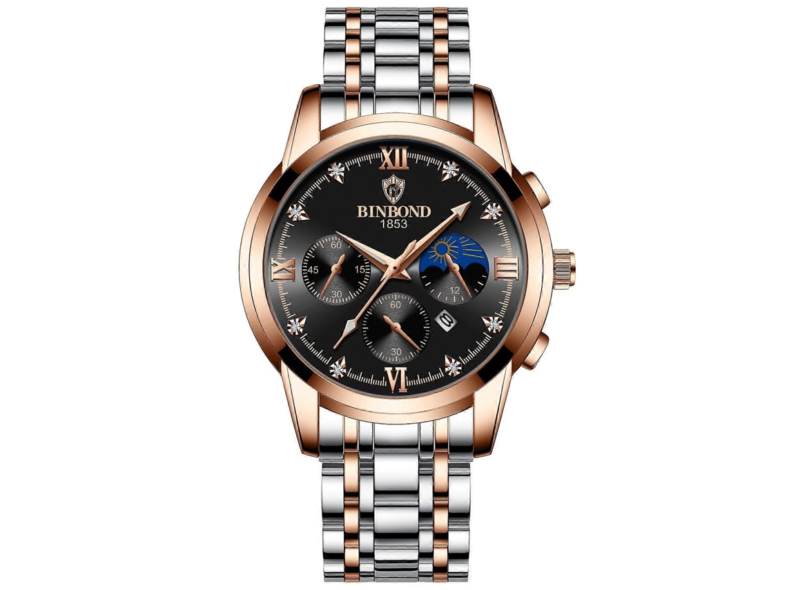 Relógio masculino Binbond B3591, à prova d'água até 30 m, calendário luminoso, ouro rosa e preto, Hengrongshen