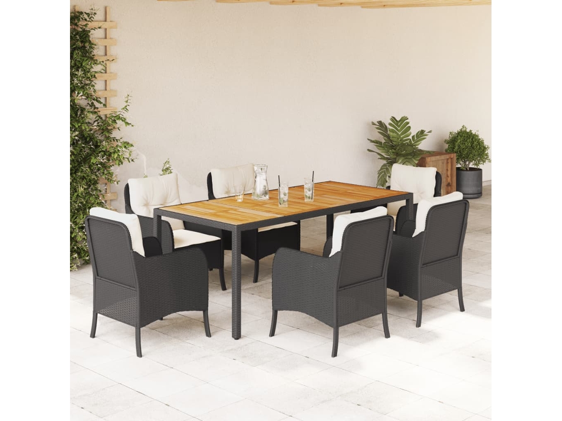 Vidaxl 7 Pcs Conjunto De Jantar P/ Jardim C/ Almofadões Vime Pe Preto