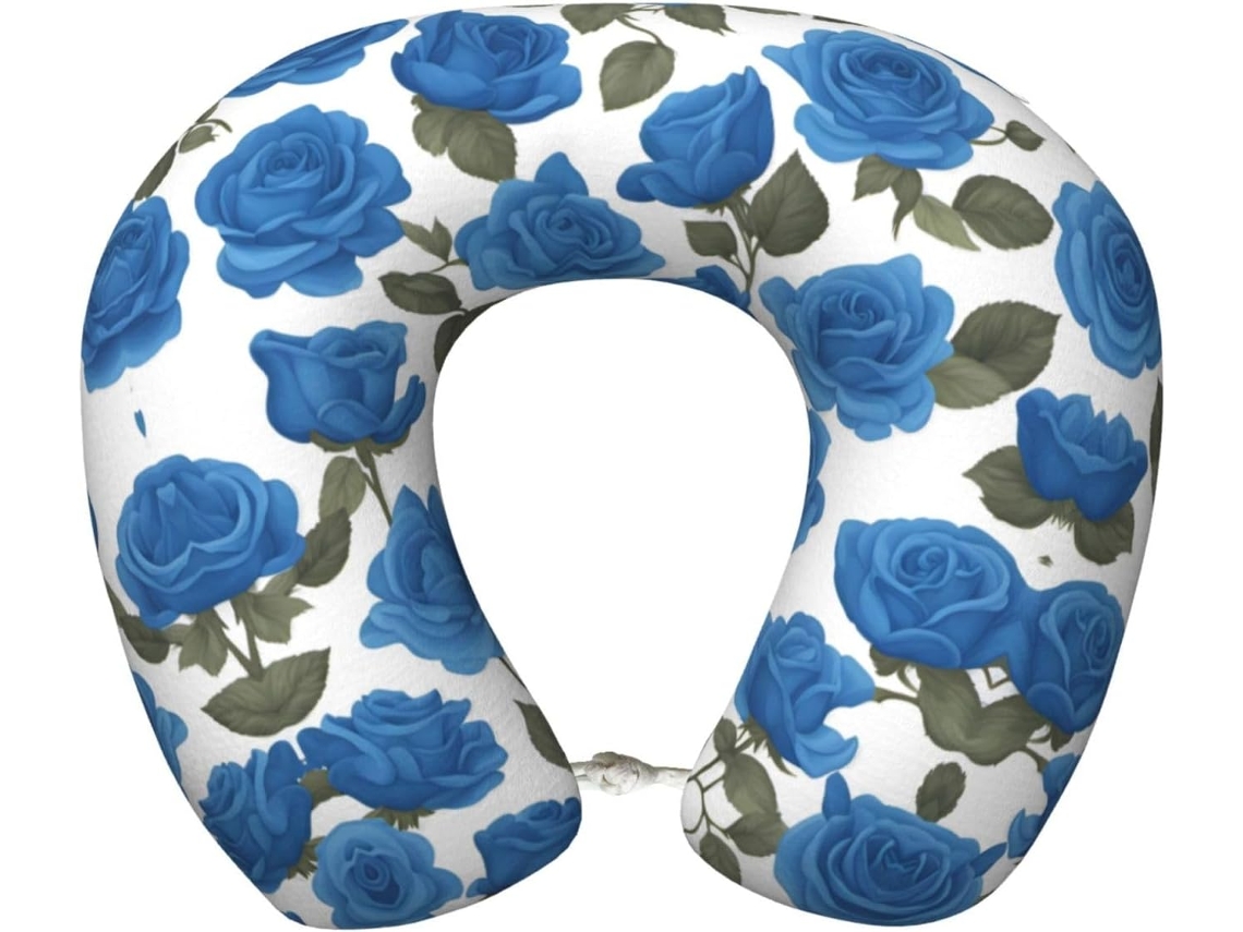 Travesseiro de Viag em Espuma Viscoelástica com Estampa Rosas Azuis Suporte Confortável Formato U para o