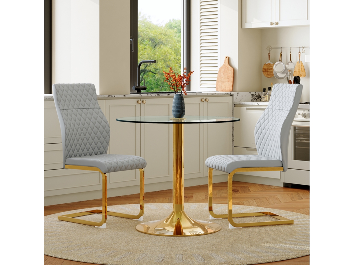 Conjunto Mesa Vidro 85cm Dourado 2 Cadeiras Cinza Claro Dourado