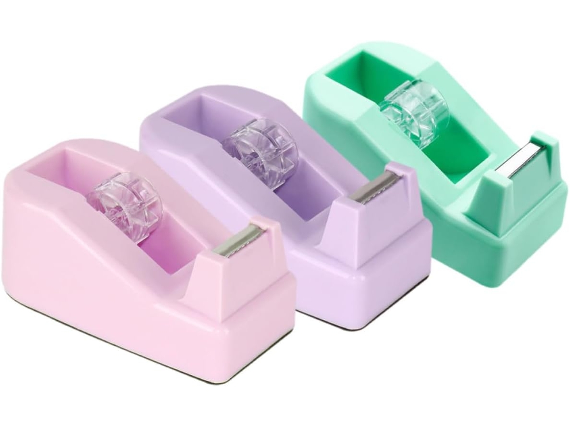 Dispensador de fita adesiva de plástico para mesa, com bordas arredondadas práticas, 3 peças, ideal para mesa e casa.