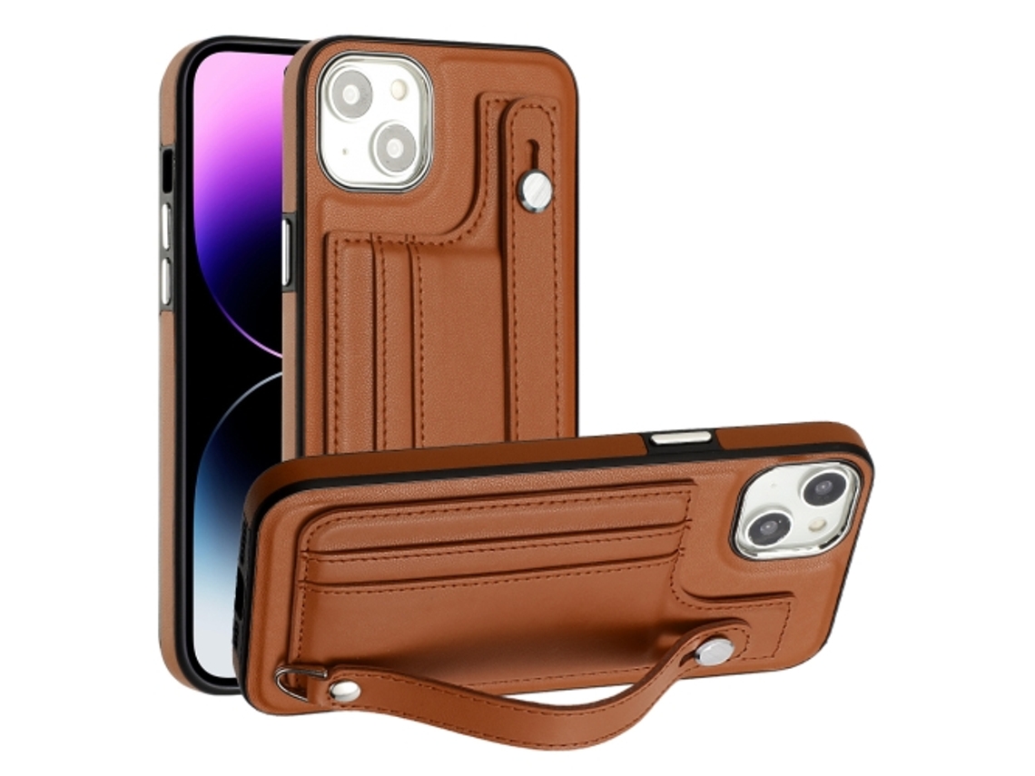 Capa Mobile Phone Cases Shockproof With Wrist para iPhone 15 Plus Pele Castanho