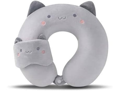 Travesseiro De Viagem De Avião Com Máscara Para Os Olhos, Almofada Para Dormir Para Crianças E Adultos, Estampa De Gato Cinza