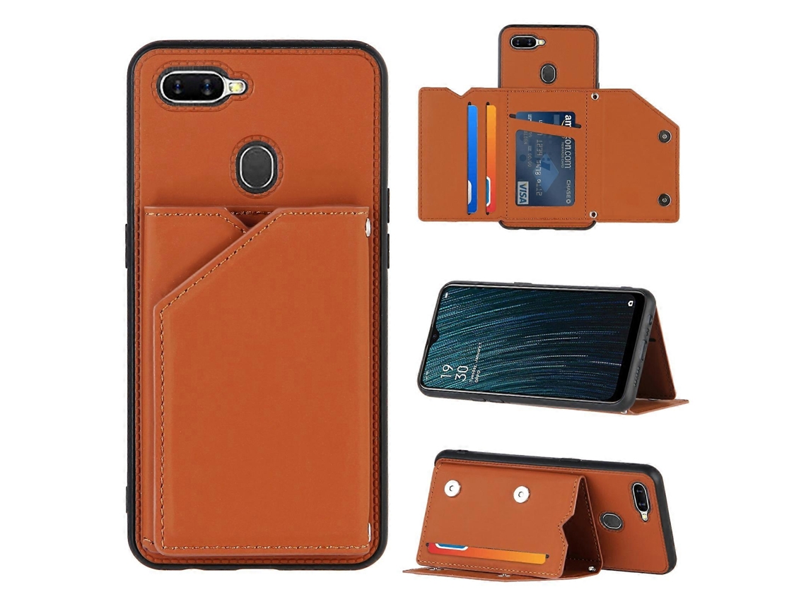 Para Oppo A7 / A5s / A12 Capa Traseira De Pu Tpu Pc Com Sensação De Pele E Capa À Prova De Choque Com Compartimentos Para Cartões E Suporte E Port