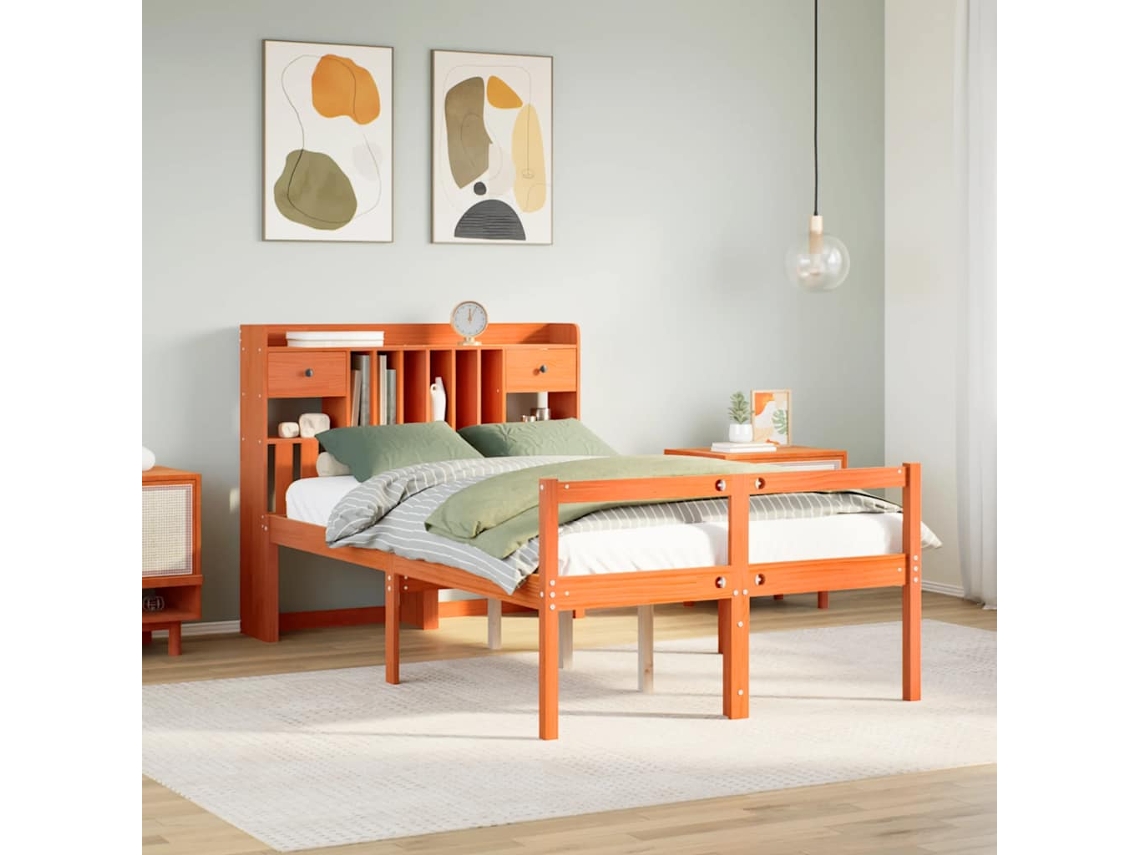 Vidaxl Cama Com Estante Sem Colchão 135x190 Cm Pinho Maciço