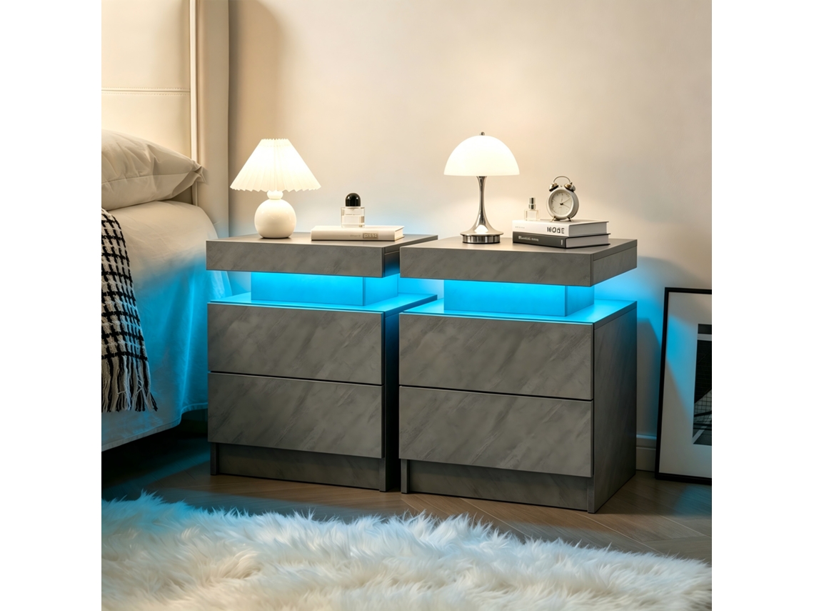 Conjunto De 2 Mesas De Cabeceira Led, Com Gavetas, Para Quarto, Cinza Escuro