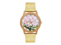 Relógio analógico de quartzo feminino e masculino com pulseira casual de malha dourada.