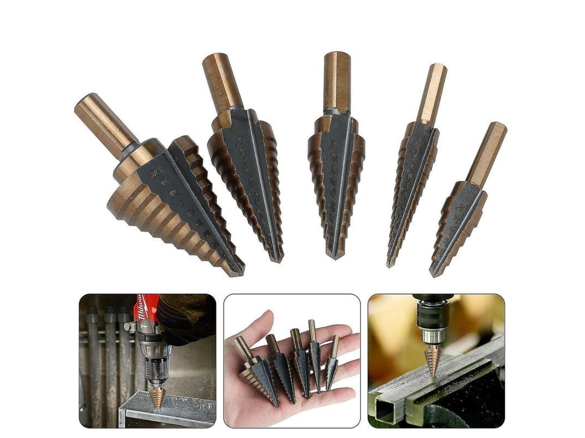 Jogo De 5 Brocas De Escalera Hss Cobalto Titanio Para Metal Com 50 Tamanhos