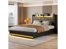 Cama De Casal Estofada 140 X 200 Cm Com Iluminação Led, Cama Funcional Com Arrumação Hidráulica E Estrado De Ripas, Sem Colchão, Pu (preto)