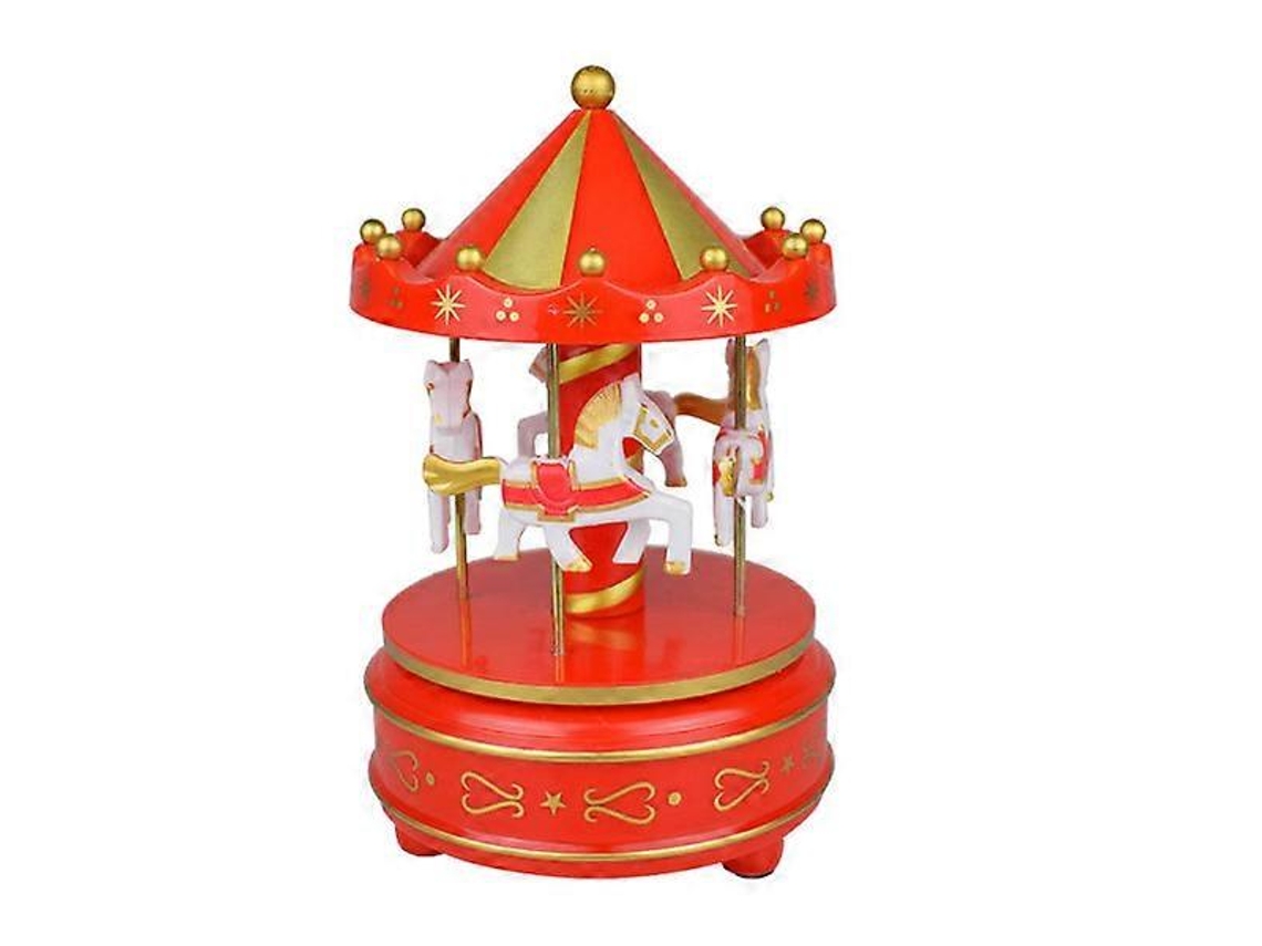 Caixa de Música Carrossel Geométrica para Decoração de Quarto de Bebê em Madeira Neutra com Cavalos e Tema Natalino AQUAFORGE (1 Unidade)