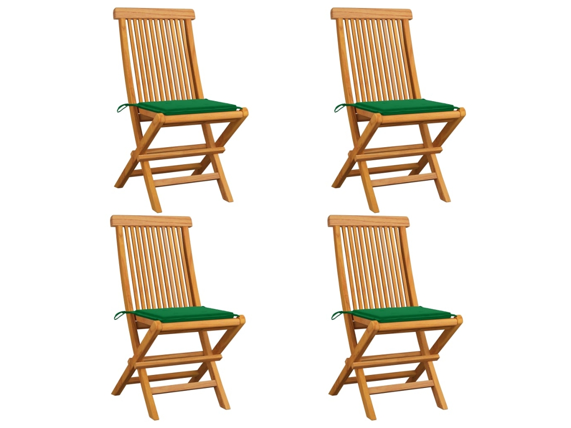 Vidaxl Cadeiras De Jardim C/ Almofadões Verdes 4 Pcs Teca Maciça