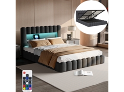 Cama Estofada 140x200cm Led Usb Arrumação Linho Cinzento BURSDANY