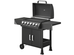 Barbecue A Gás Com 6 Queimadores 15 Kw Termómetro Armário Grelha De Aquecimento Bandeja De Recolha De Gordura 2 Rodas 135x51x101 Cm Preto