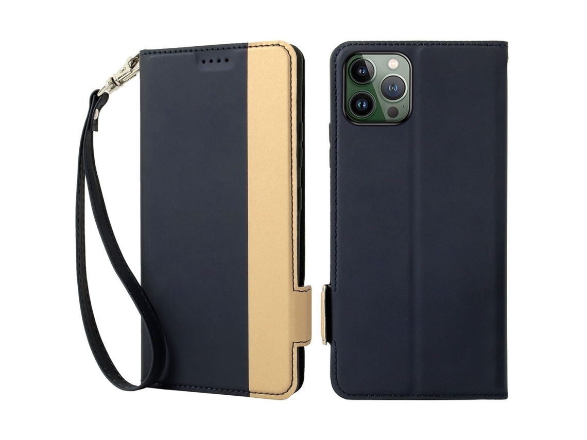 Capa Quedas Para Iphone 14 Pro Pele Sintética Anti-riscos Magnética Com Porta-cartões Azul