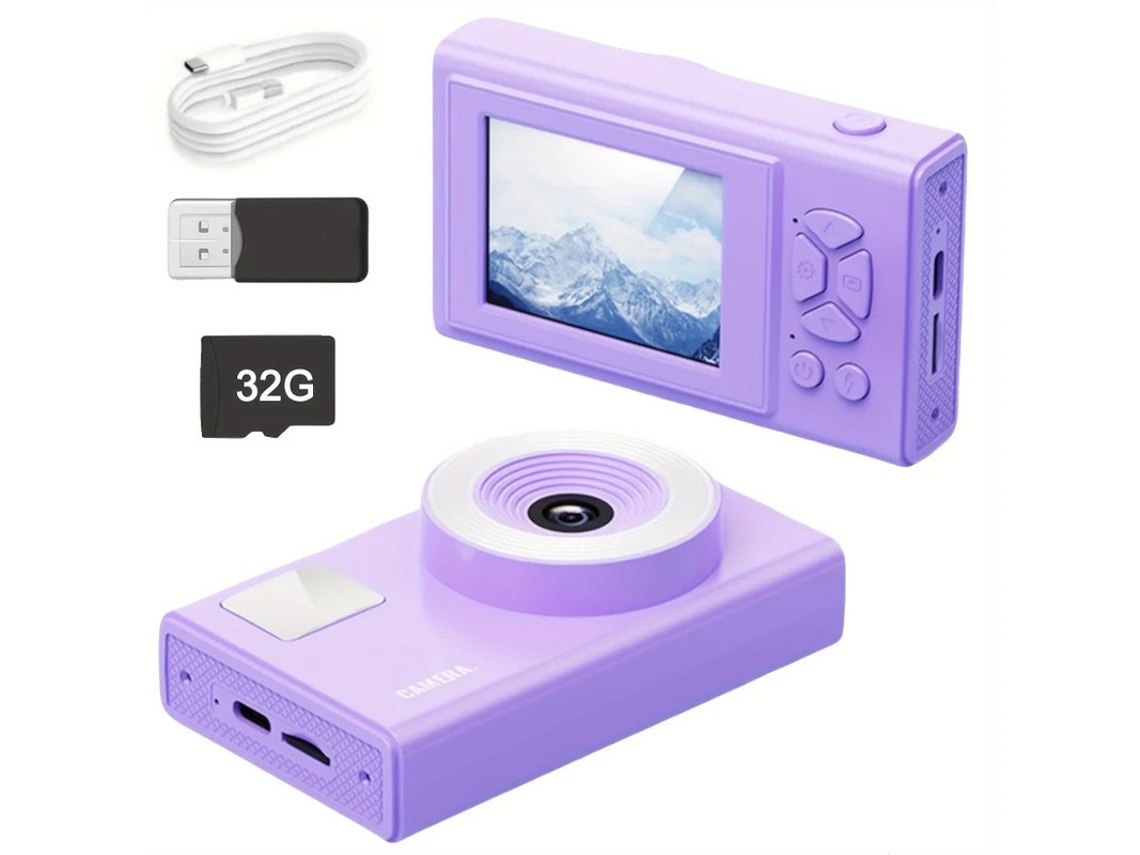 Câmera digital Yizhood HD 1080p, cartão de 32 GB, exposição manual, roxa