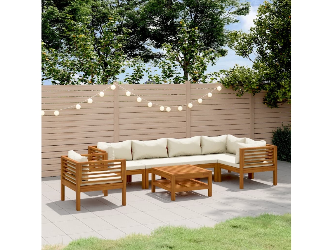 Vidaxl 7 Pcs Conjunto Lounge Jardim C/ Almofadões Creme Acácia Maciça
