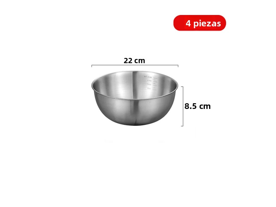Conjunto de 4 Peças, 22 Cm, Prata. Tigelas de Cozinha em Aço Inoxidável, Estilo Coreano, para Salada de Frutas, com Marcações. MDUG