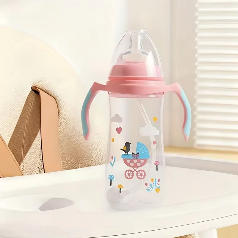 Mamadeira Rosa De 300ml Com Alça E Design Ergonômico.