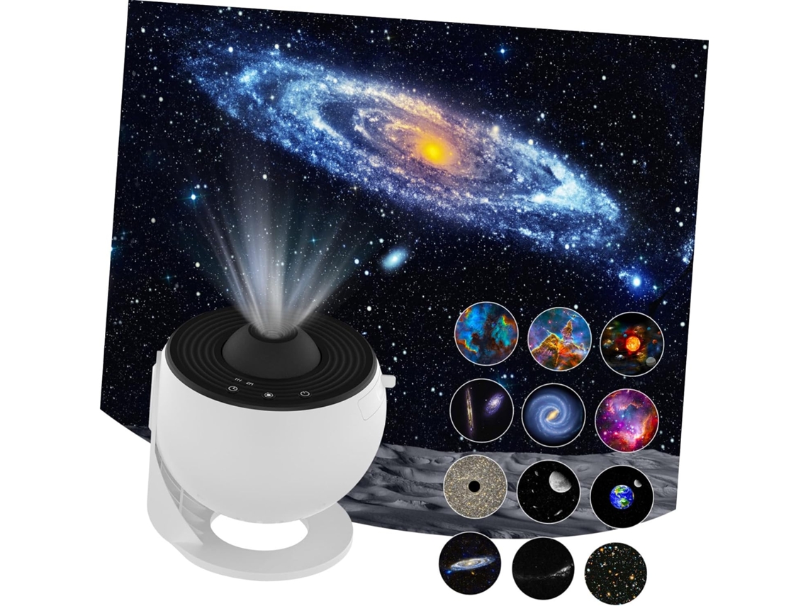 Luminária Noturna Branca Em Formato De Galáxia Com Padrões De Lua, Estrelas E Nebulosas, Rotação Silenciosa.