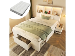 Cama 90x200cm Branca Armazenamento Mesa Noite Led Usb-c Colchão