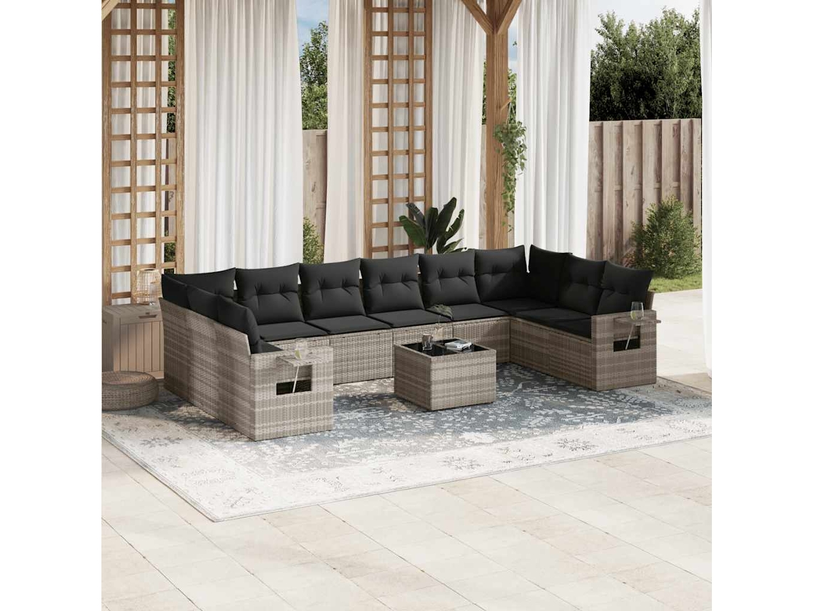 Vidaxl 11 Pcs Conjunto Sofás De Jardim C/ Almofadões Vime Pe Cinzento