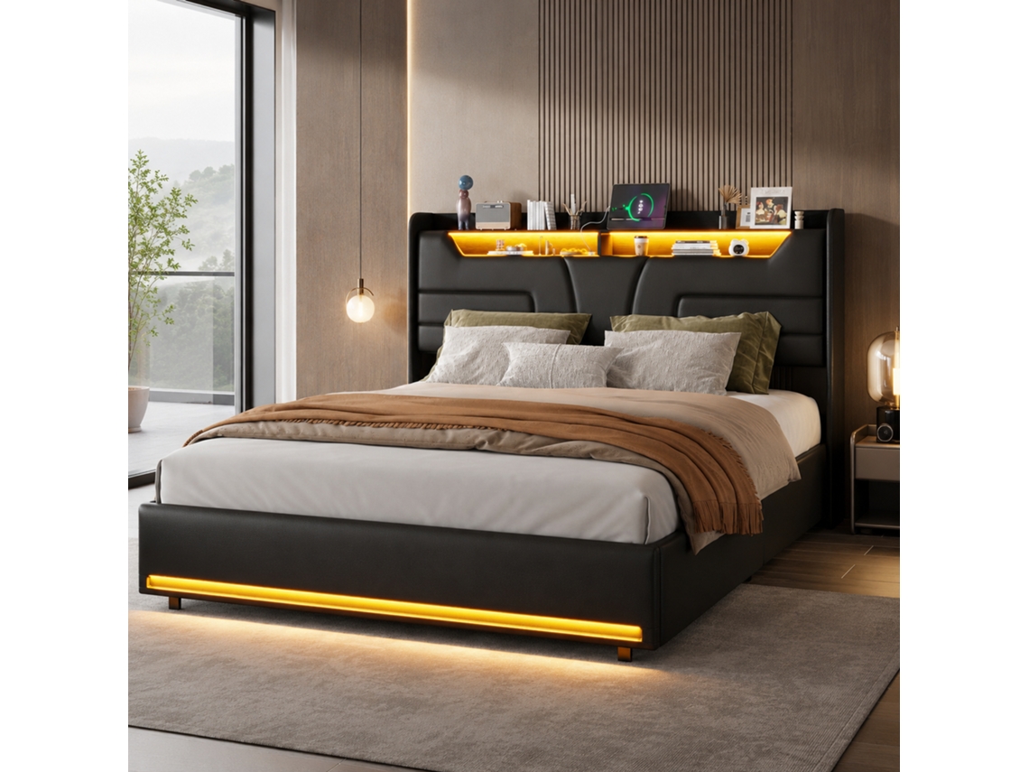 Cama De Casal 140x190 Cm Com Baú Hidráulico, Estrado De Ripas, Led E Usb, Pu Preto, Sem Colchão