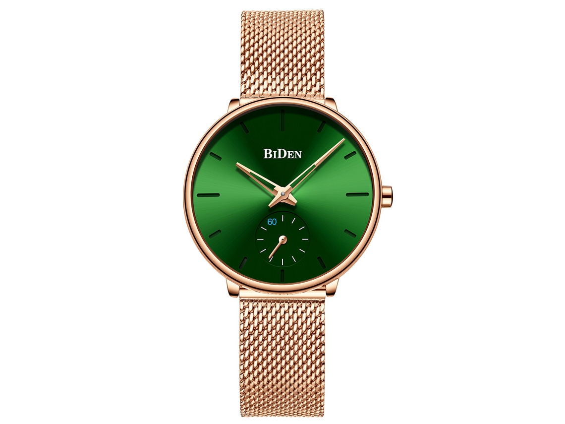 Relógio Feminino Biden de Cinto de Malha de Aço com Esfera Verde Quartzo Elegante