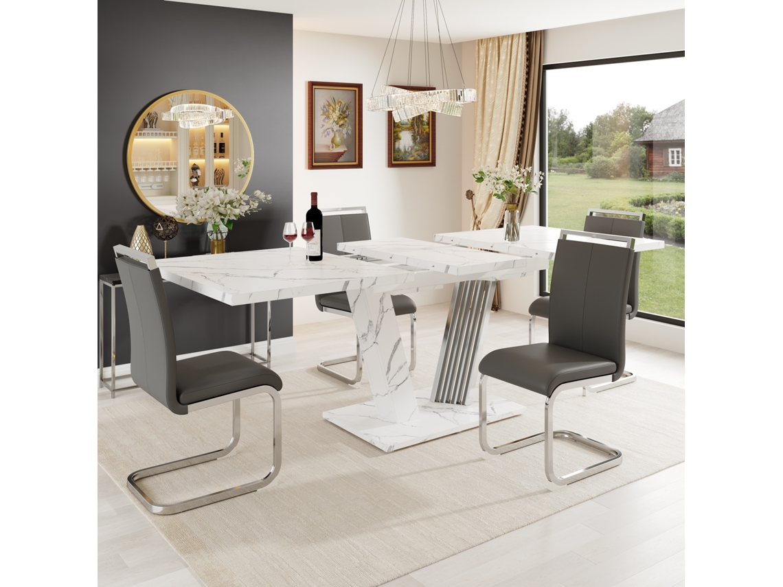 Mesa Extensível 120 160cm 4 Cadeiras Couro Cinza