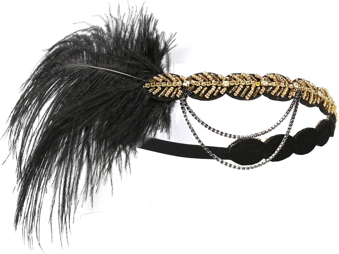 Tiara De Franjas Douradas Com Strass, Acessório Vintage Com Penas.