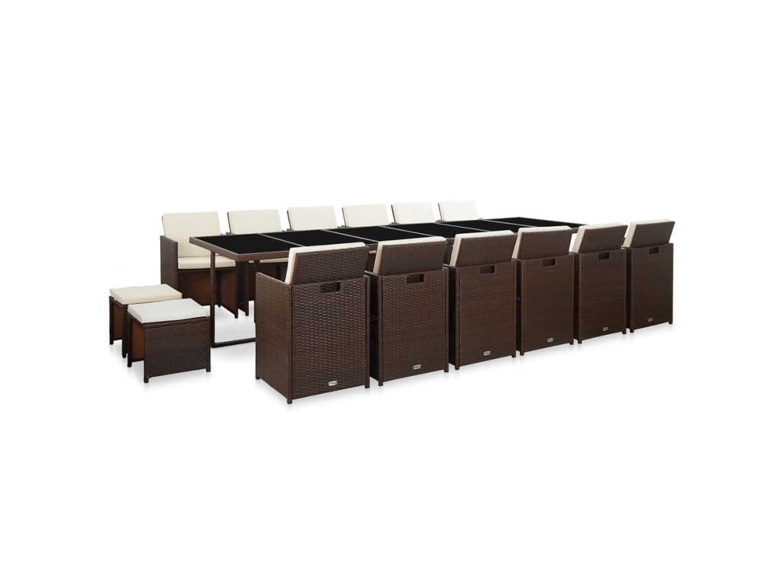 Vidaxl 17 Pcs Conjunto Jantar Exterior Com Almofadões Vime Pe Castanho