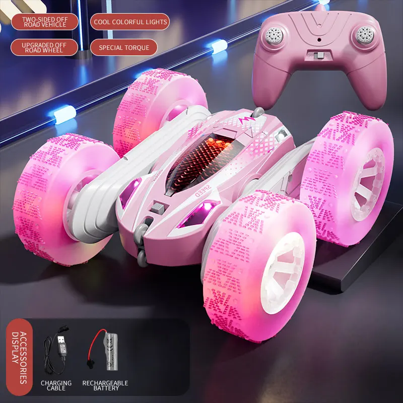 Carro Acrobático Controlado Remotamente, com Giro Duplo, para Drift, com Luzes MDUG (rosa)