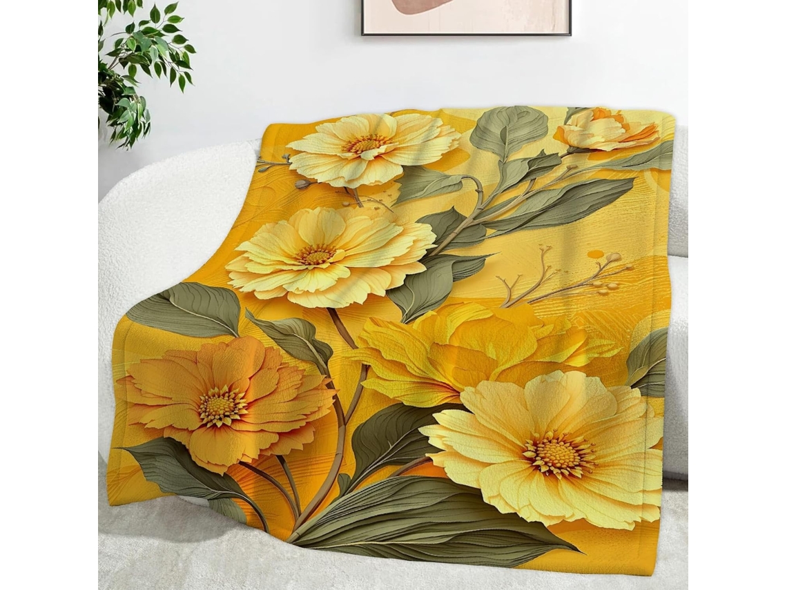 Manta com Estampa de Flores e Folhas Amarelas 220x240 Cm Multifuncional Macia Aconchegante em Flanela Ideal Pa