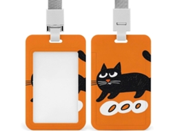 Clipe Crachá, Gatinho Preto Fofo Em Fundo Laranja, Porta Crachá Com Cordão, Porta Crachá De Identificação, Cordão