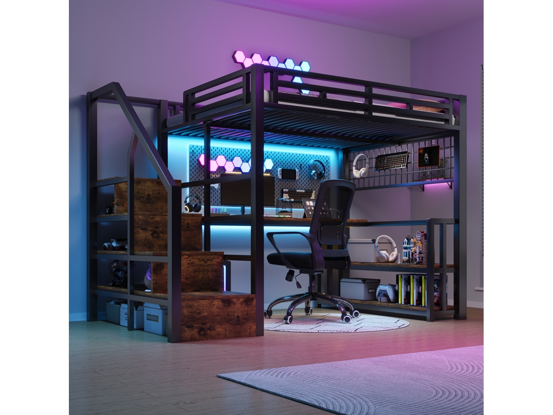 Cama Alta 140x200cm Ferro Prateleira Grelha Led Mesa Usb/typ-c Preto