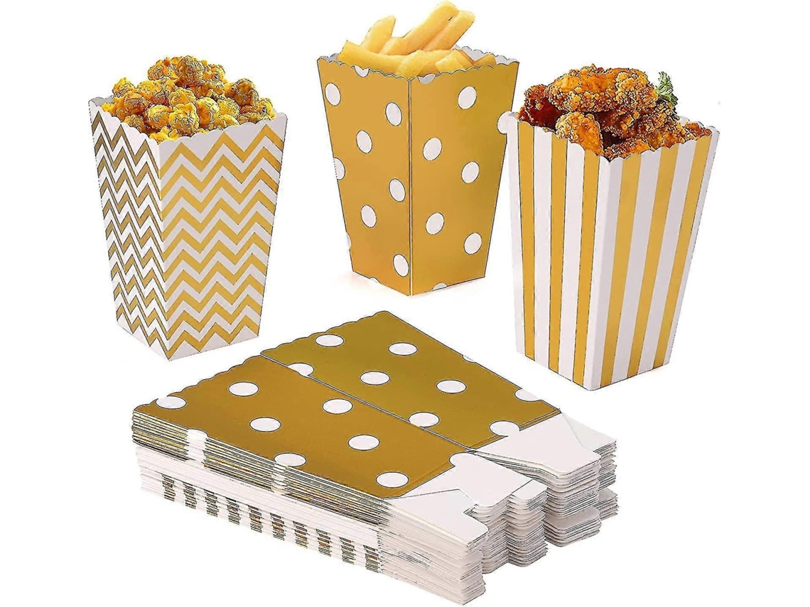 Caja de Palomitas de Maíz Gold 120 Unidades de Papel Con 3 Diseños para Fiestas, Cumpleaños Y Eventos