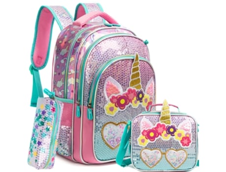 Conjunto FEGAR 2 de Mochila Escolar Bikab-Girl Unicórnio 3 Peças À Prova D'Água com Lantejoulas