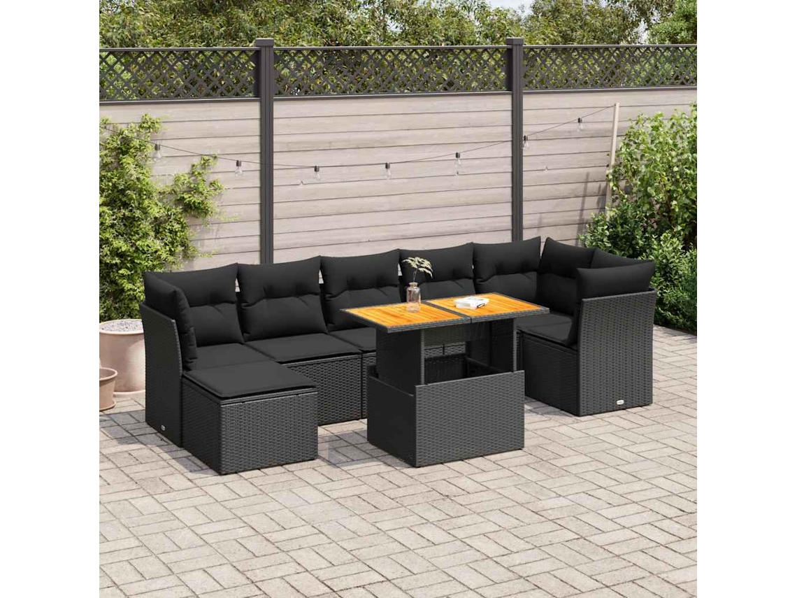Vidaxl 8 Pcs Conjunto Sofás De Jardim Com Almofadões Vime Pe Preto