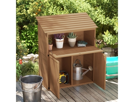 Armário de jardim de madeira Outsunny com teto inclinado, prateleiras e mesa dobrável, 110 x 54 x 136 cm, Nestor Outdoor