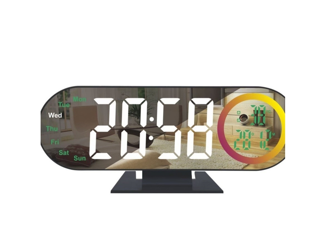 Despertador Digital Led Com Espelho E Visor Grande Caixa Preta Luz Branca Sfushos